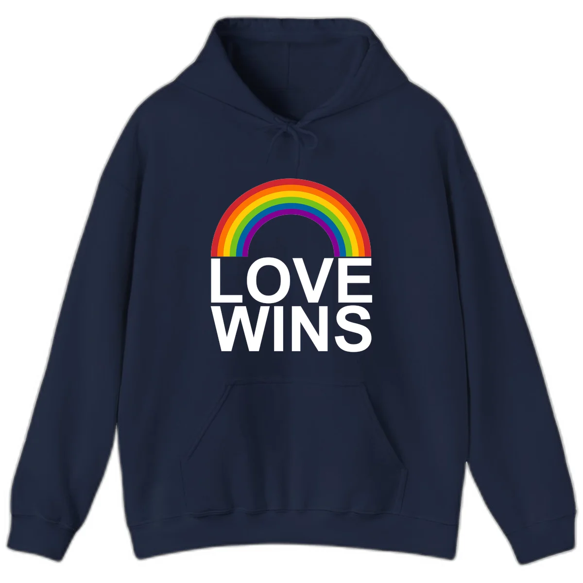 Rainbow arc above white text reading 'Love Wins' on gray background, pride equality design in Navy