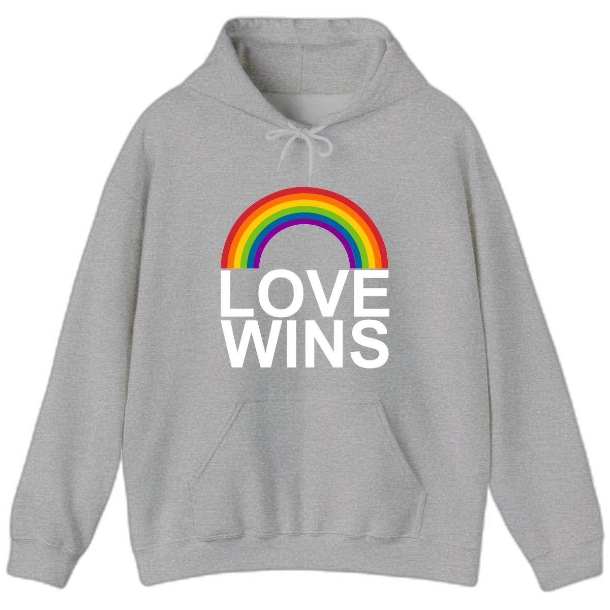 Rainbow arc above white text reading 'Love Wins' on gray background, pride equality design in Sport Grey