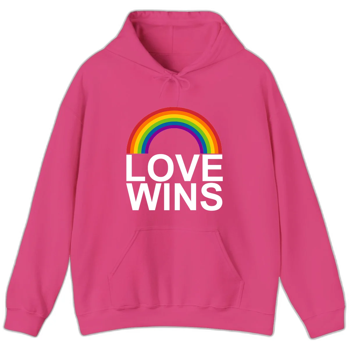Rainbow arc above white text reading 'Love Wins' on gray background, pride equality design in Heliconia
