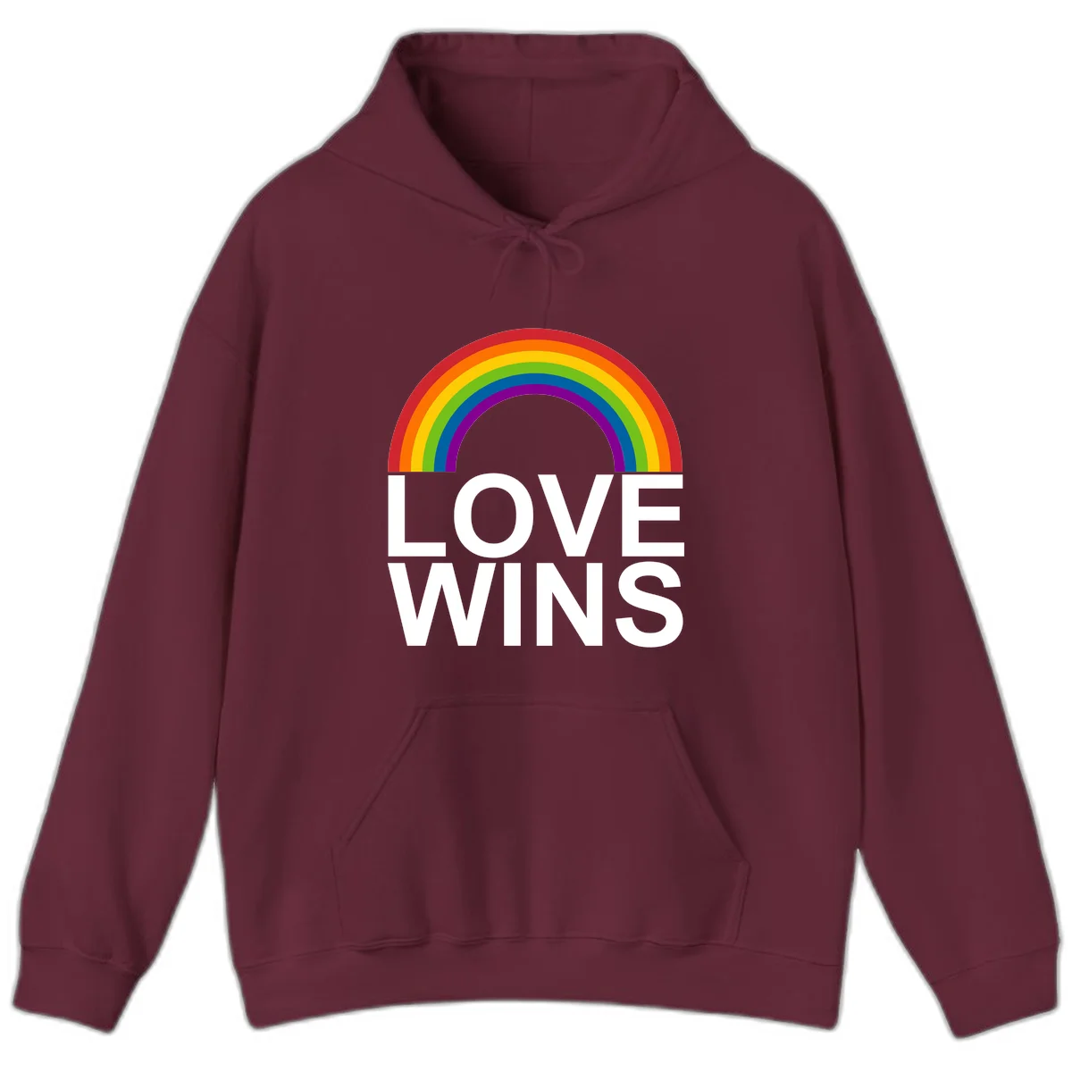 Rainbow arc above white text reading 'Love Wins' on gray background, pride equality design in Maroon