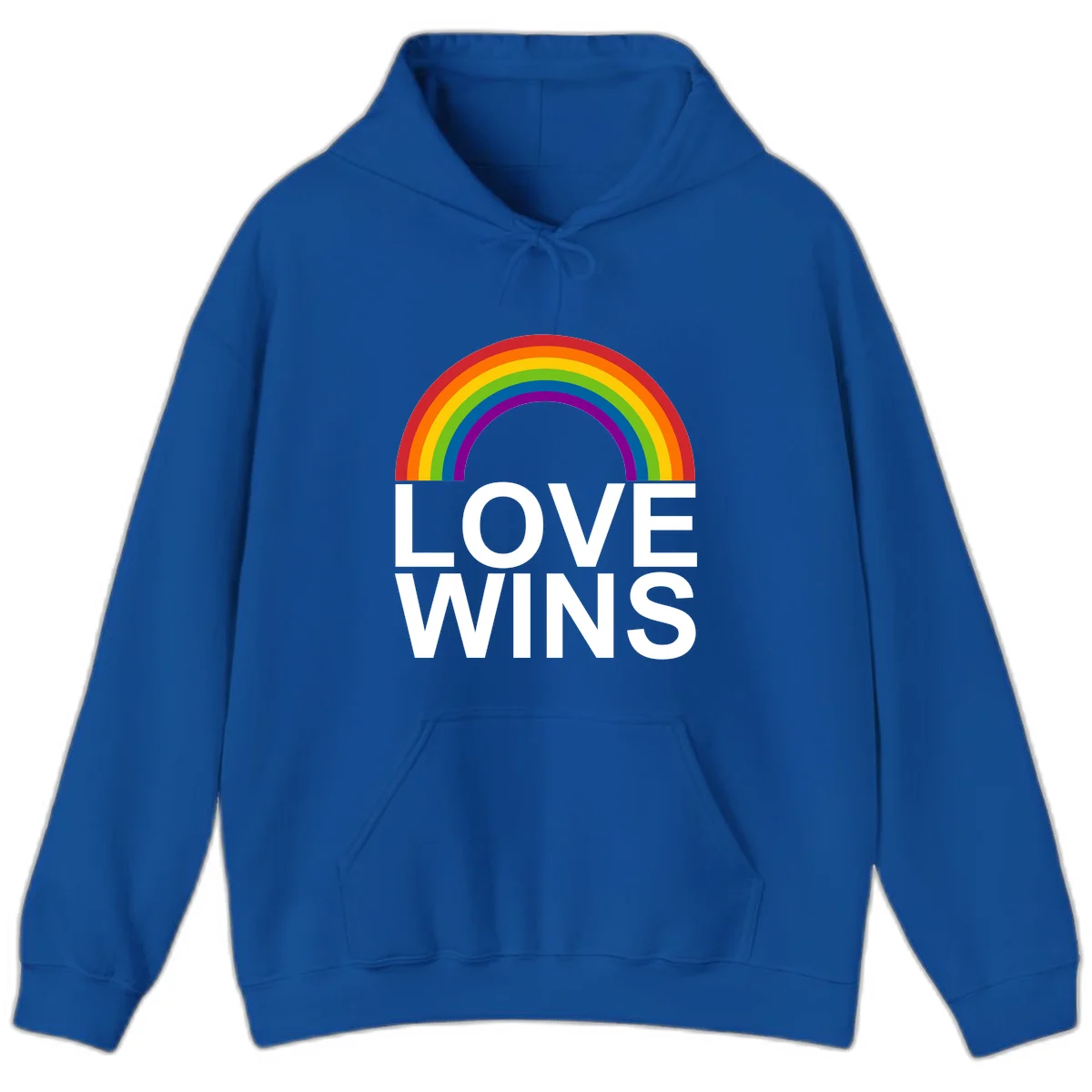 Rainbow arc above white text reading 'Love Wins' on gray background, pride equality design in Royal