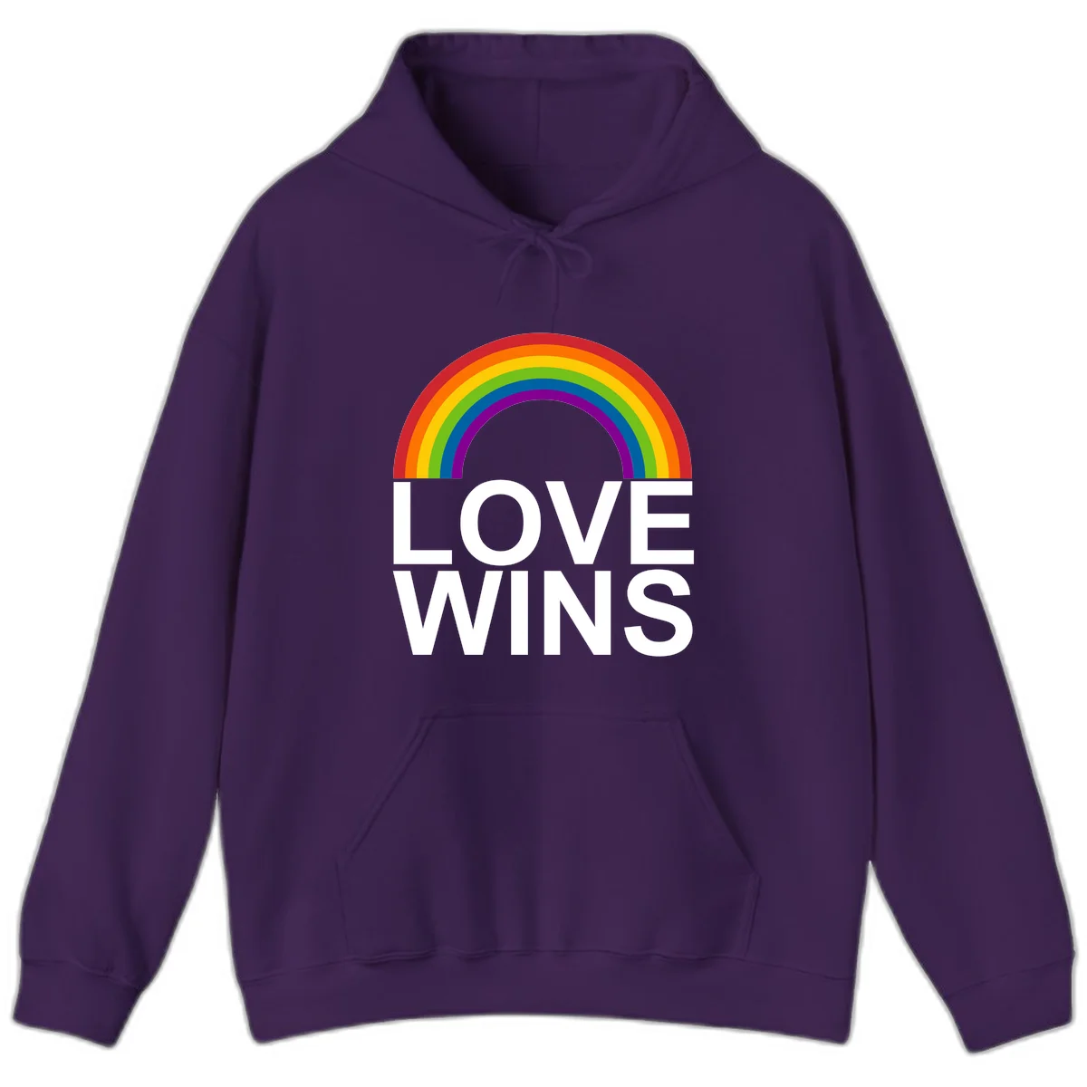 Rainbow arc above white text reading 'Love Wins' on gray background, pride equality design in Purple
