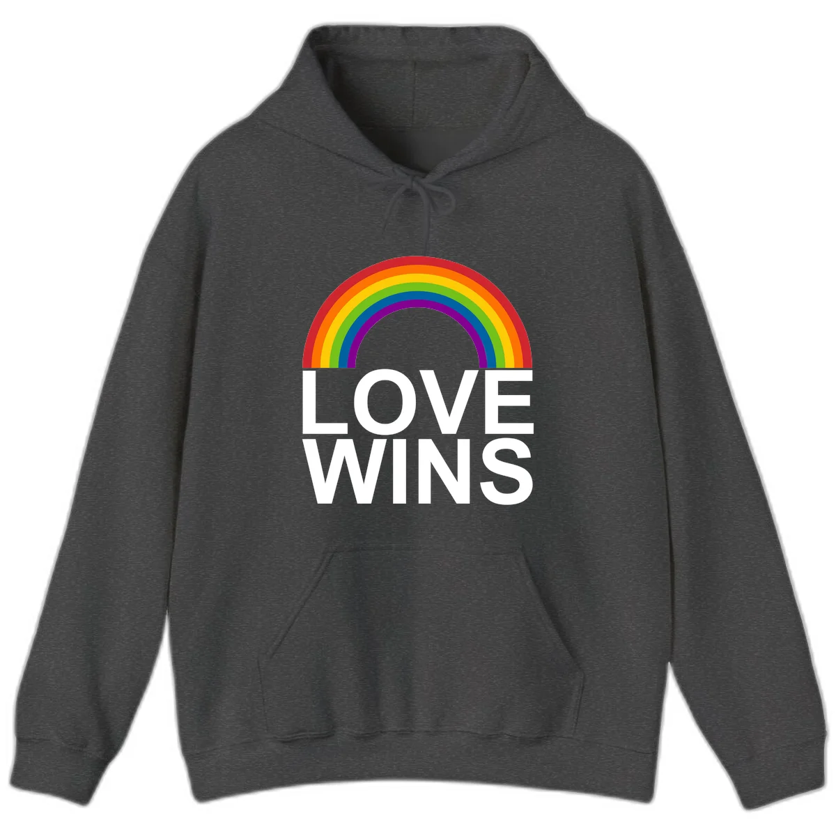 Rainbow arc above white text reading 'Love Wins' on gray background, pride equality design in Dark Heather