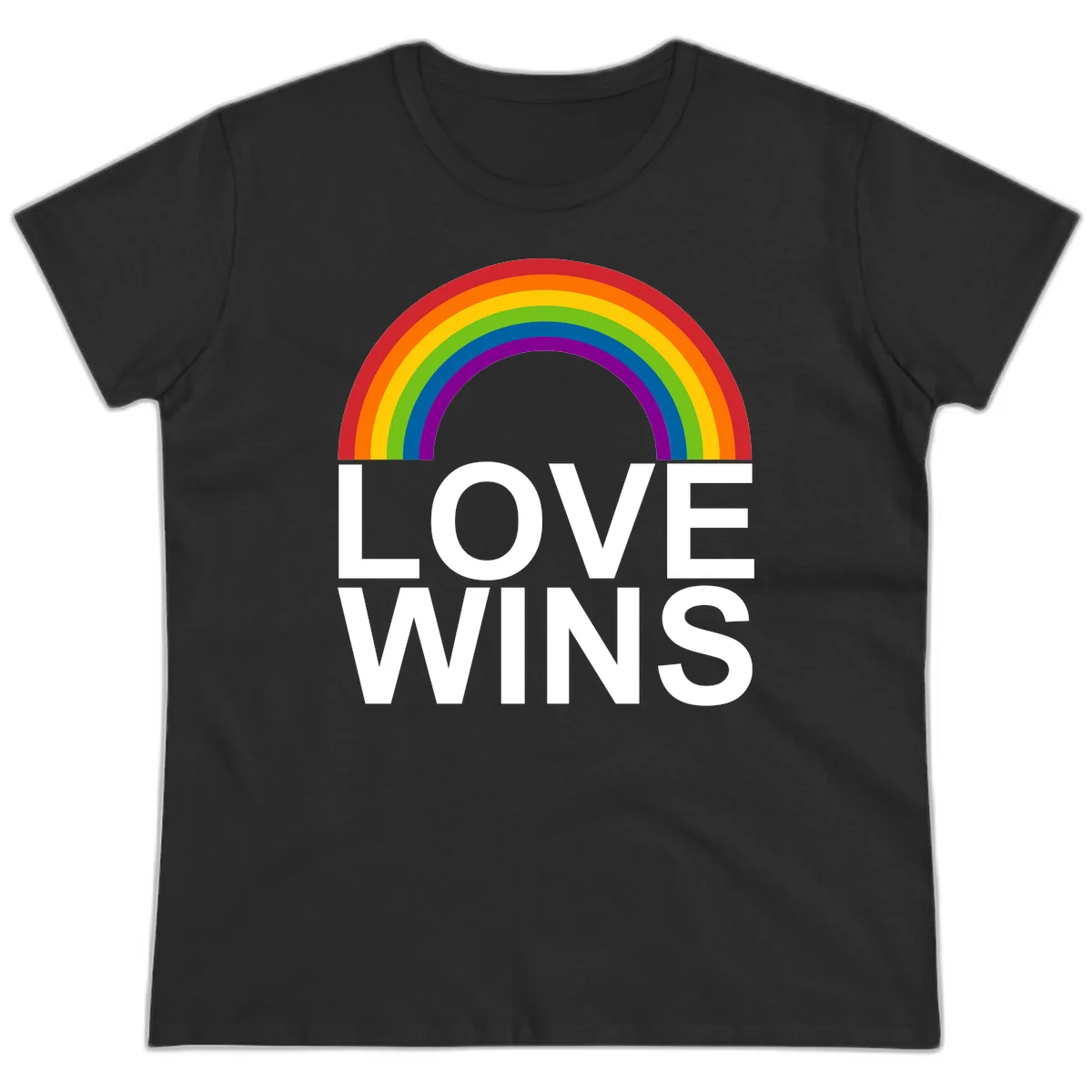 Rainbow arc above white text reading 'Love Wins' on gray background, pride equality design in Black