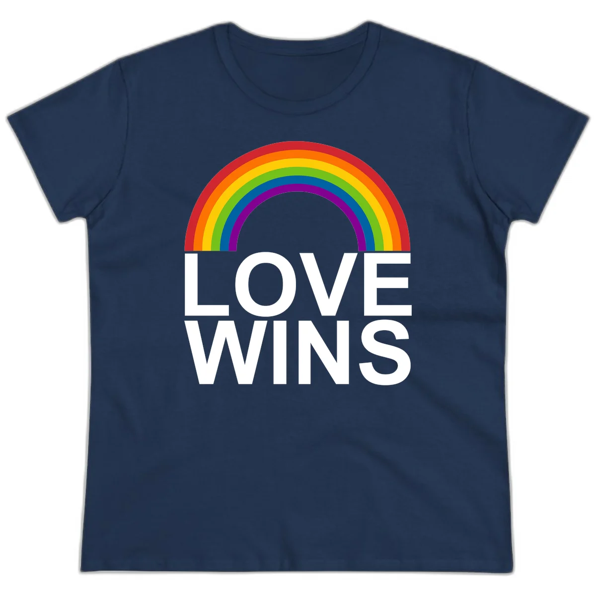 Rainbow arc above white text reading 'Love Wins' on gray background, pride equality design in Navy