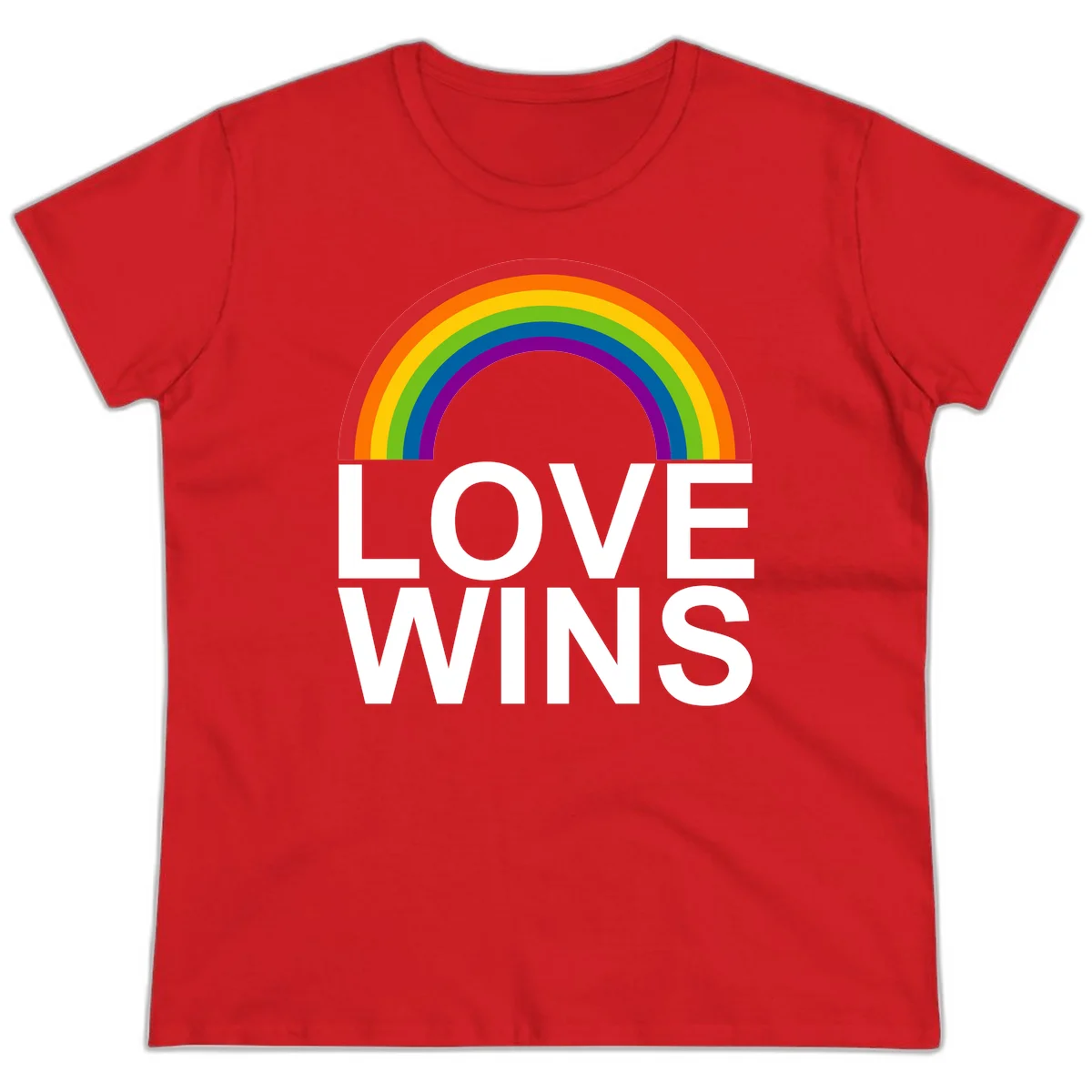 Rainbow arc above white text reading 'Love Wins' on gray background, pride equality design in Red