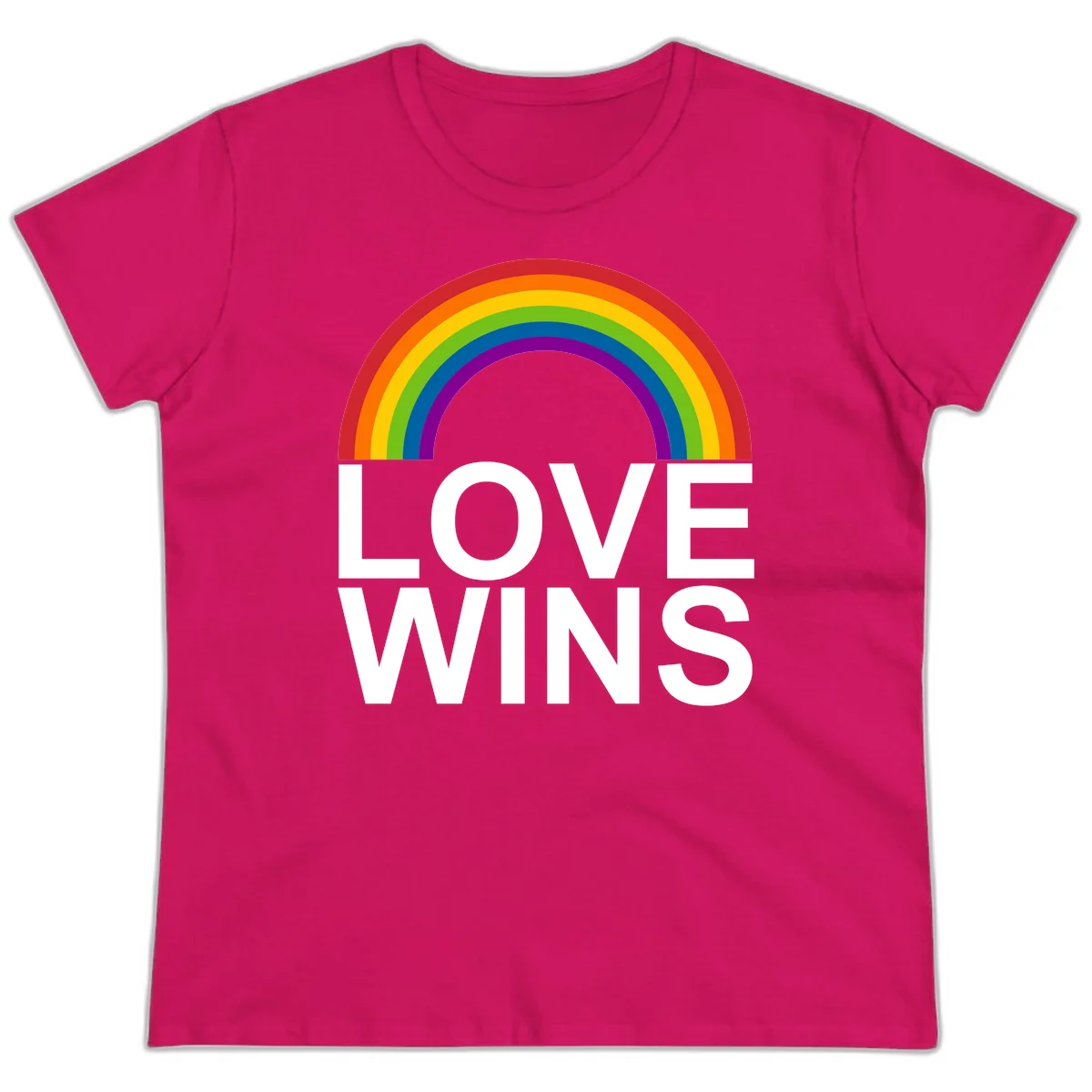 Rainbow arc above white text reading 'Love Wins' on gray background, pride equality design in Heliconia