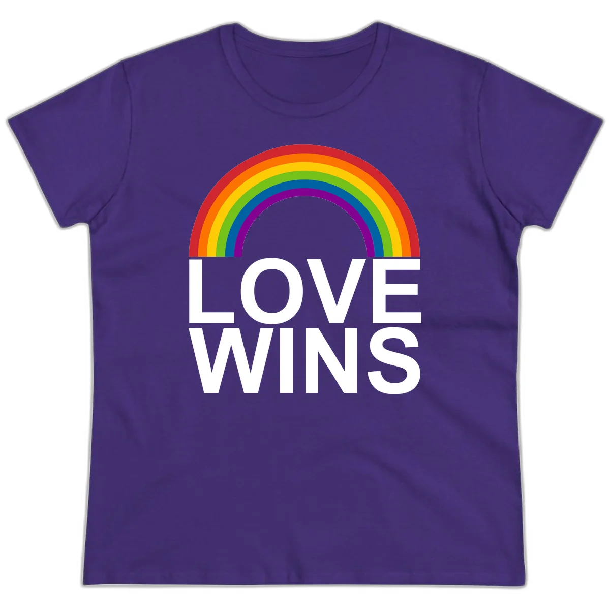 Rainbow arc above white text reading 'Love Wins' on gray background, pride equality design in Purple