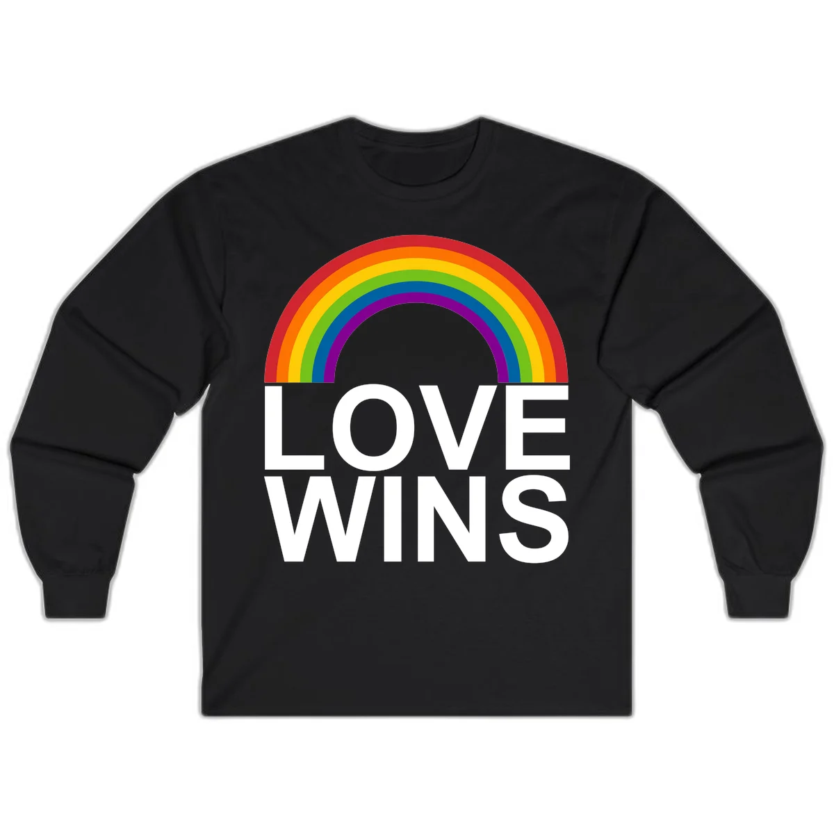 Rainbow arc above white text reading 'Love Wins' on gray background, pride equality design in Black