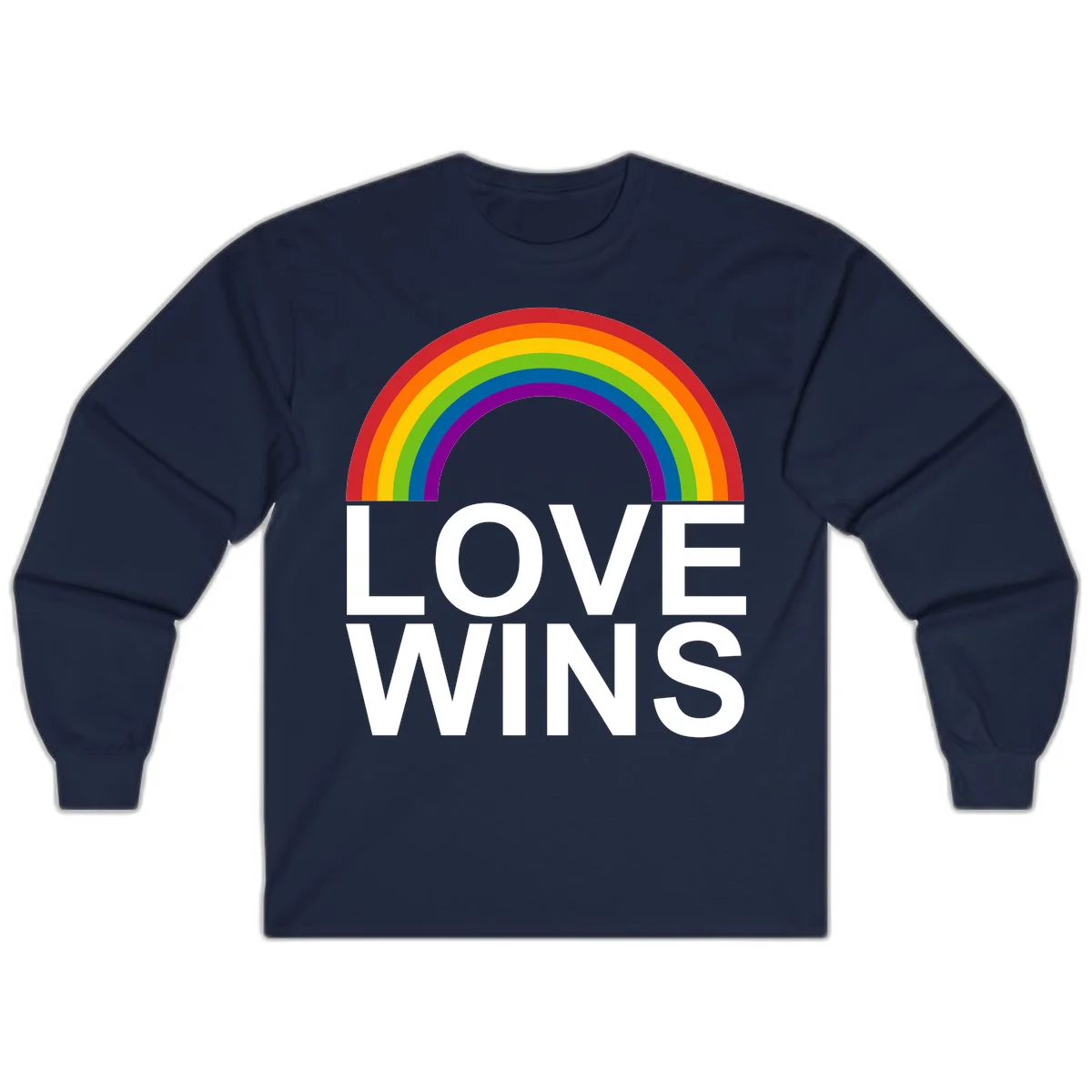 Rainbow arc above white text reading 'Love Wins' on gray background, pride equality design in Navy