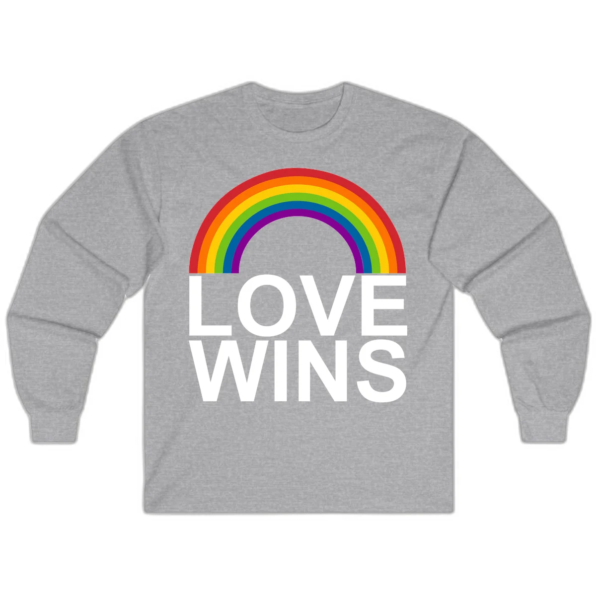 Rainbow arc above white text reading 'Love Wins' on gray background, pride equality design in Sport Grey