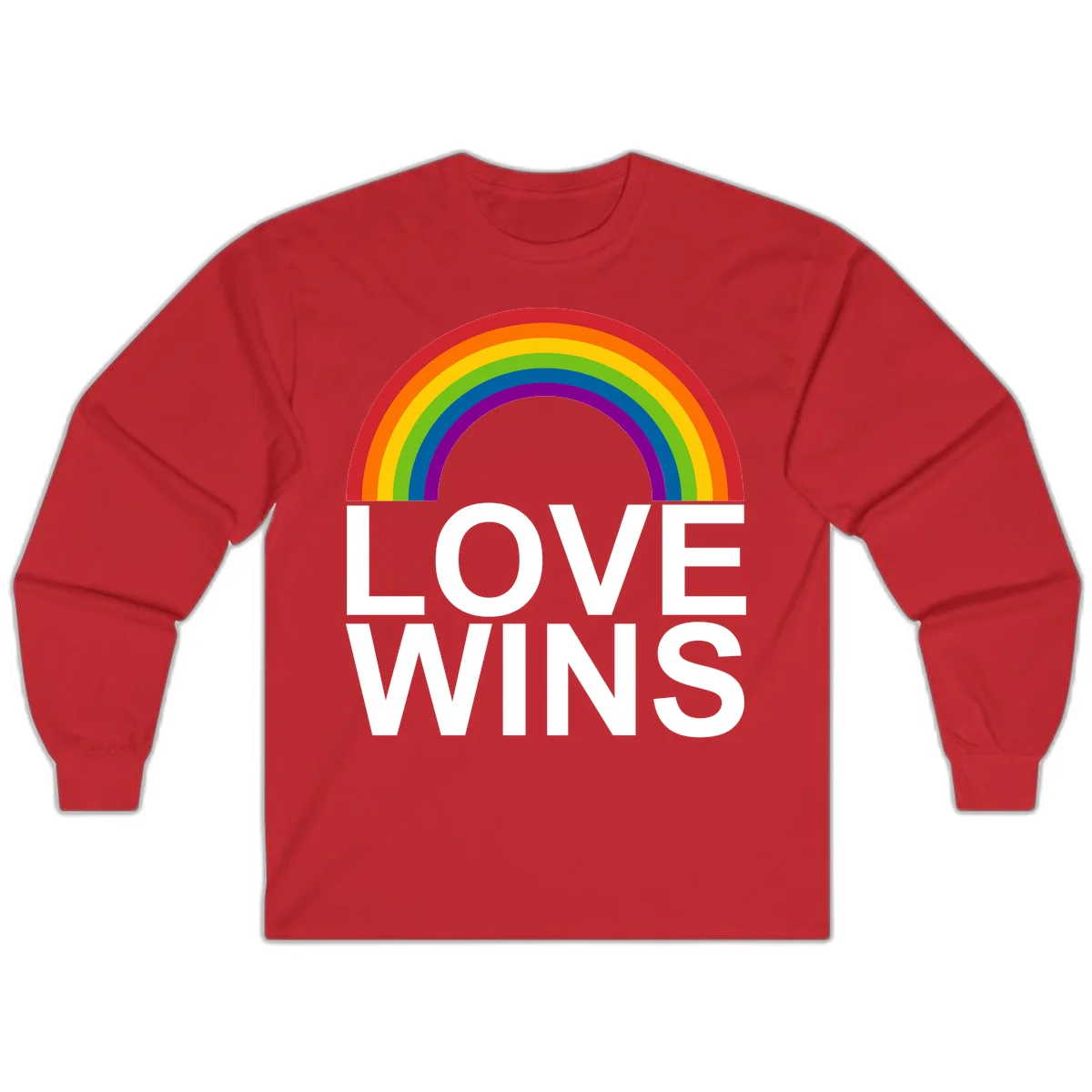 Rainbow arc above white text reading 'Love Wins' on gray background, pride equality design in Red