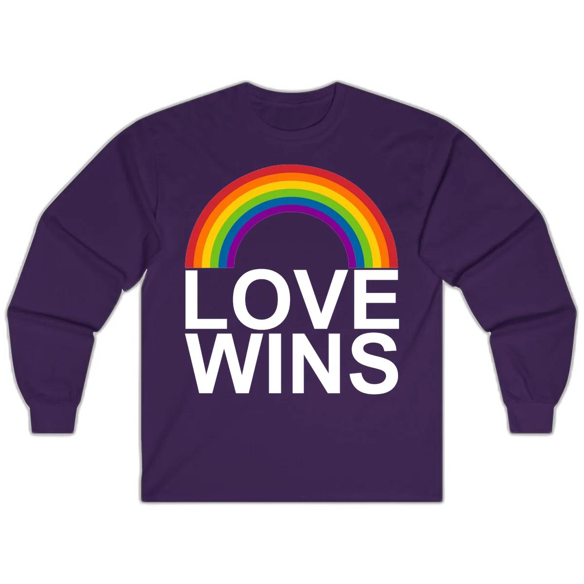 Rainbow arc above white text reading 'Love Wins' on gray background, pride equality design in Purple