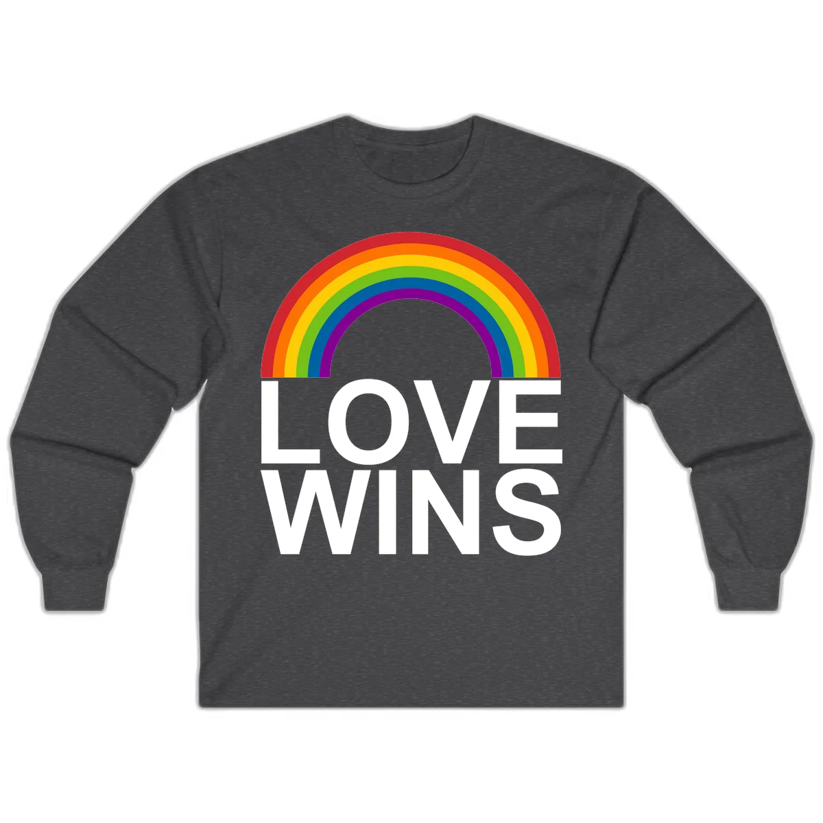 Rainbow arc above white text reading 'Love Wins' on gray background, pride equality design in Dark Heather