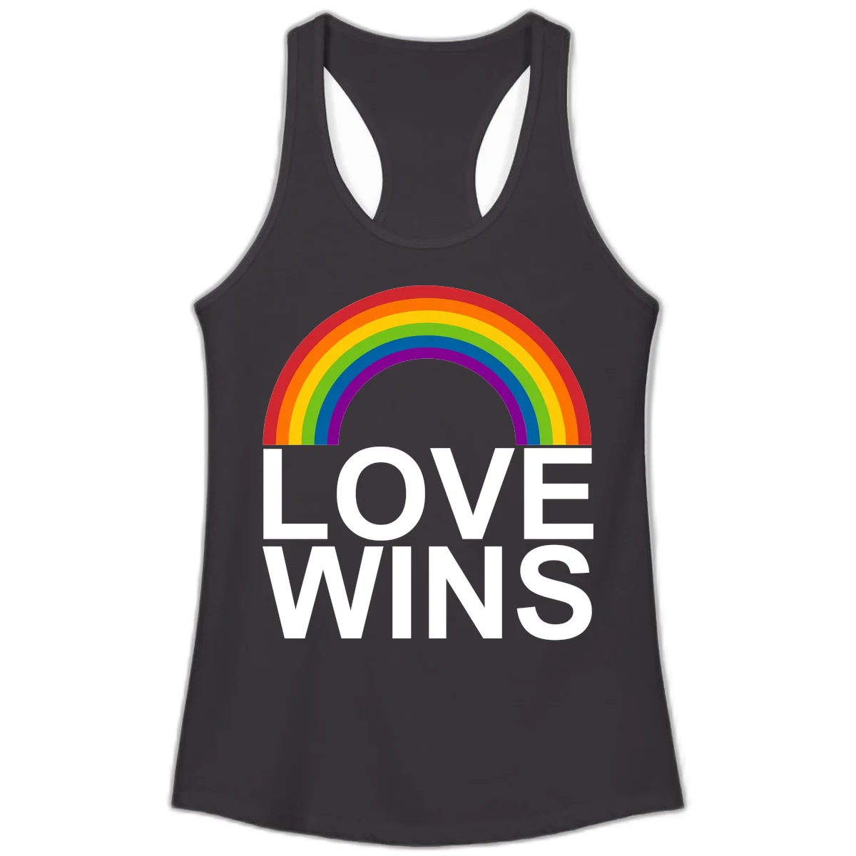 Rainbow arc above white text reading 'Love Wins' on gray background, pride equality design in Black
