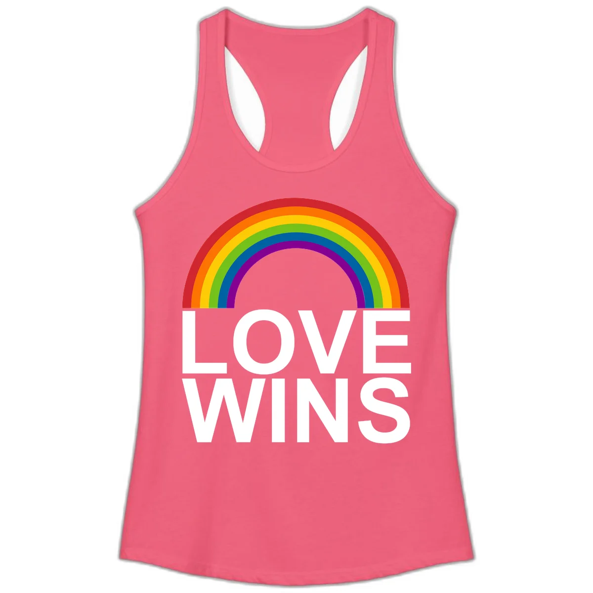 Rainbow arc above white text reading 'Love Wins' on gray background, pride equality design in Hot Pink