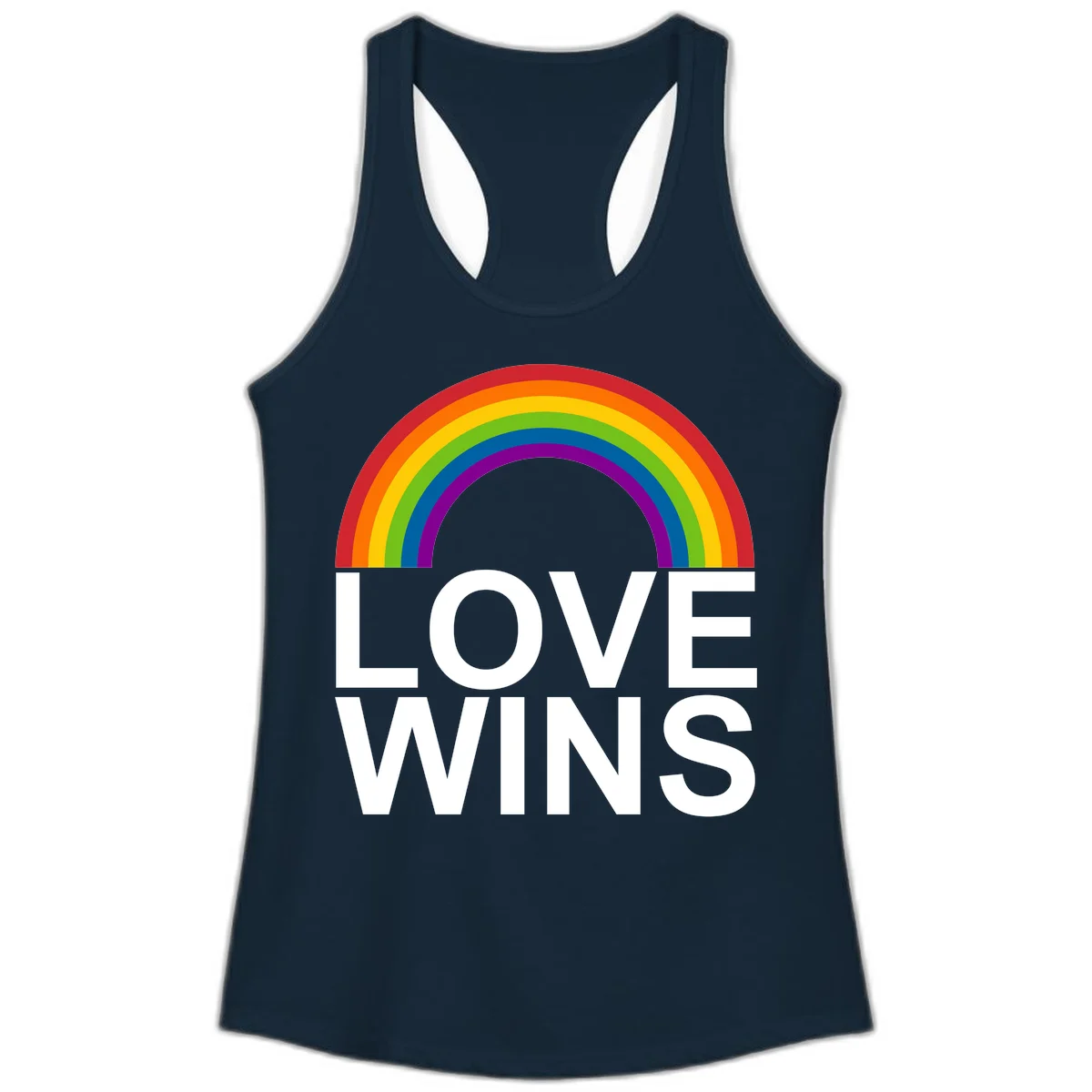Rainbow arc above white text reading 'Love Wins' on gray background, pride equality design in Solid Midnight Navy