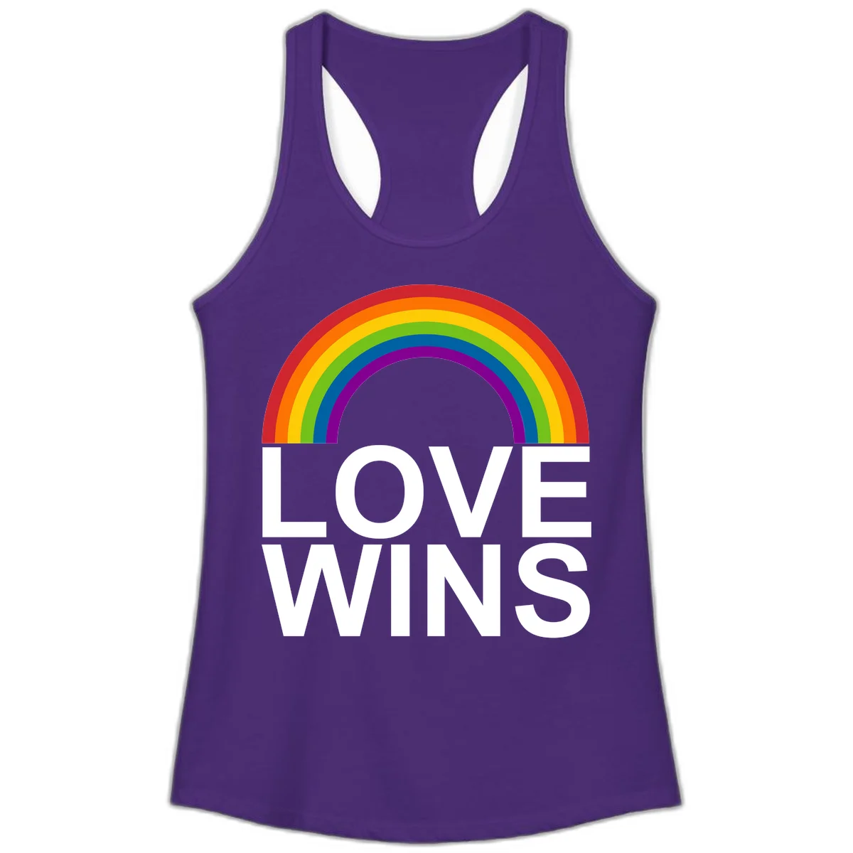 Rainbow arc above white text reading 'Love Wins' on gray background, pride equality design in Solid Purple Rush