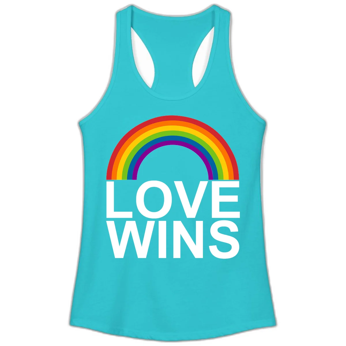 Rainbow arc above white text reading 'Love Wins' on gray background, pride equality design in Solid Tahiti Blue