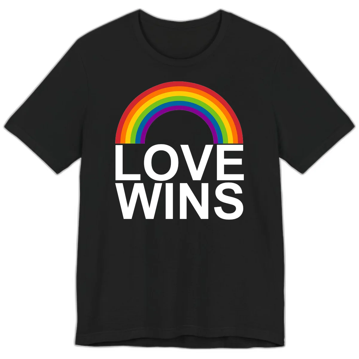 Rainbow arc above white text reading 'Love Wins' on gray background, pride equality design in Black