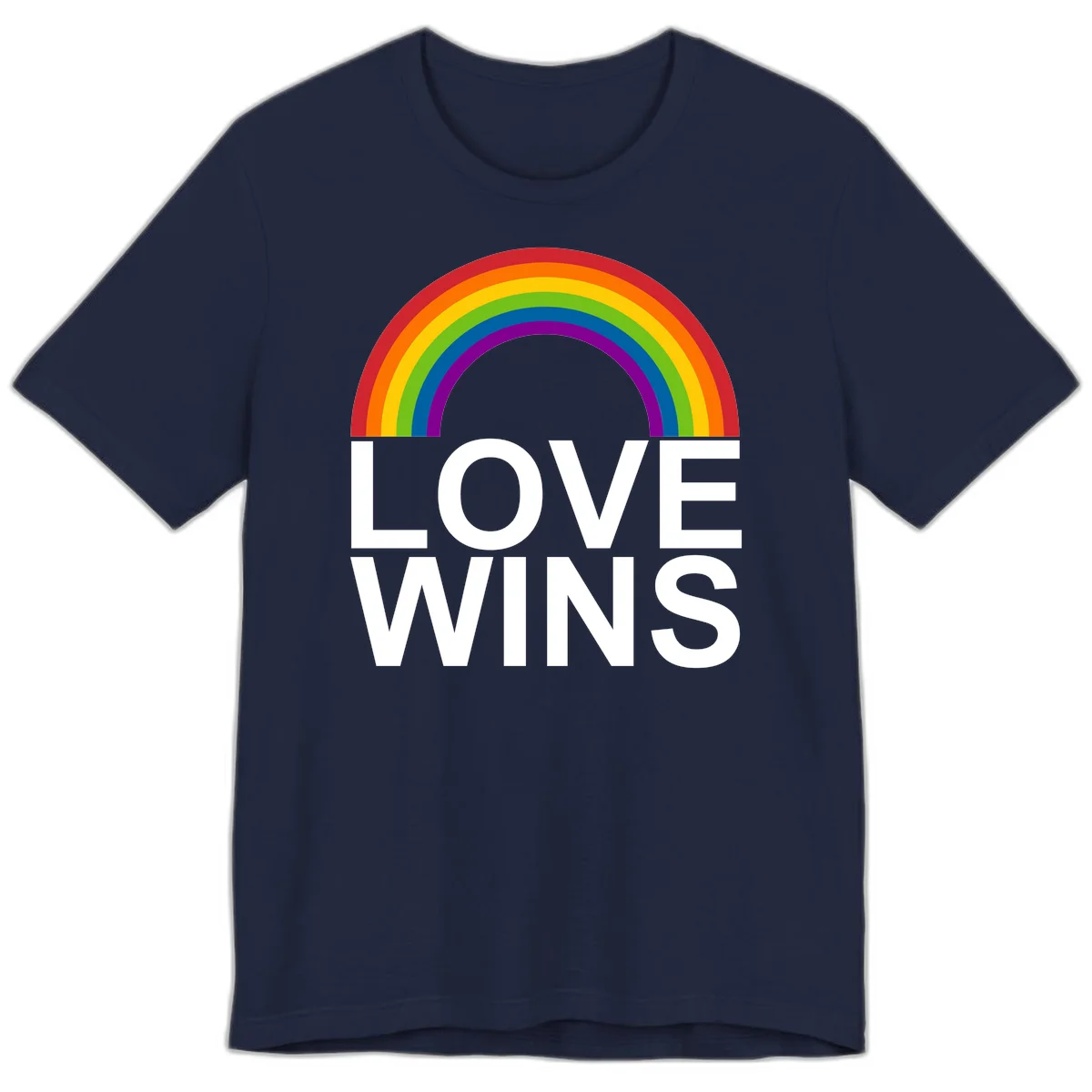 Rainbow arc above white text reading 'Love Wins' on gray background, pride equality design in Navy