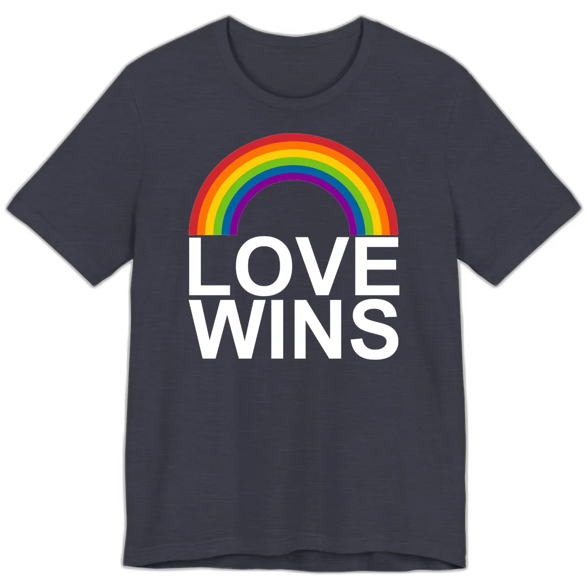 Rainbow arc above white text reading 'Love Wins' on gray background, pride equality design in Heather Midnight Navy