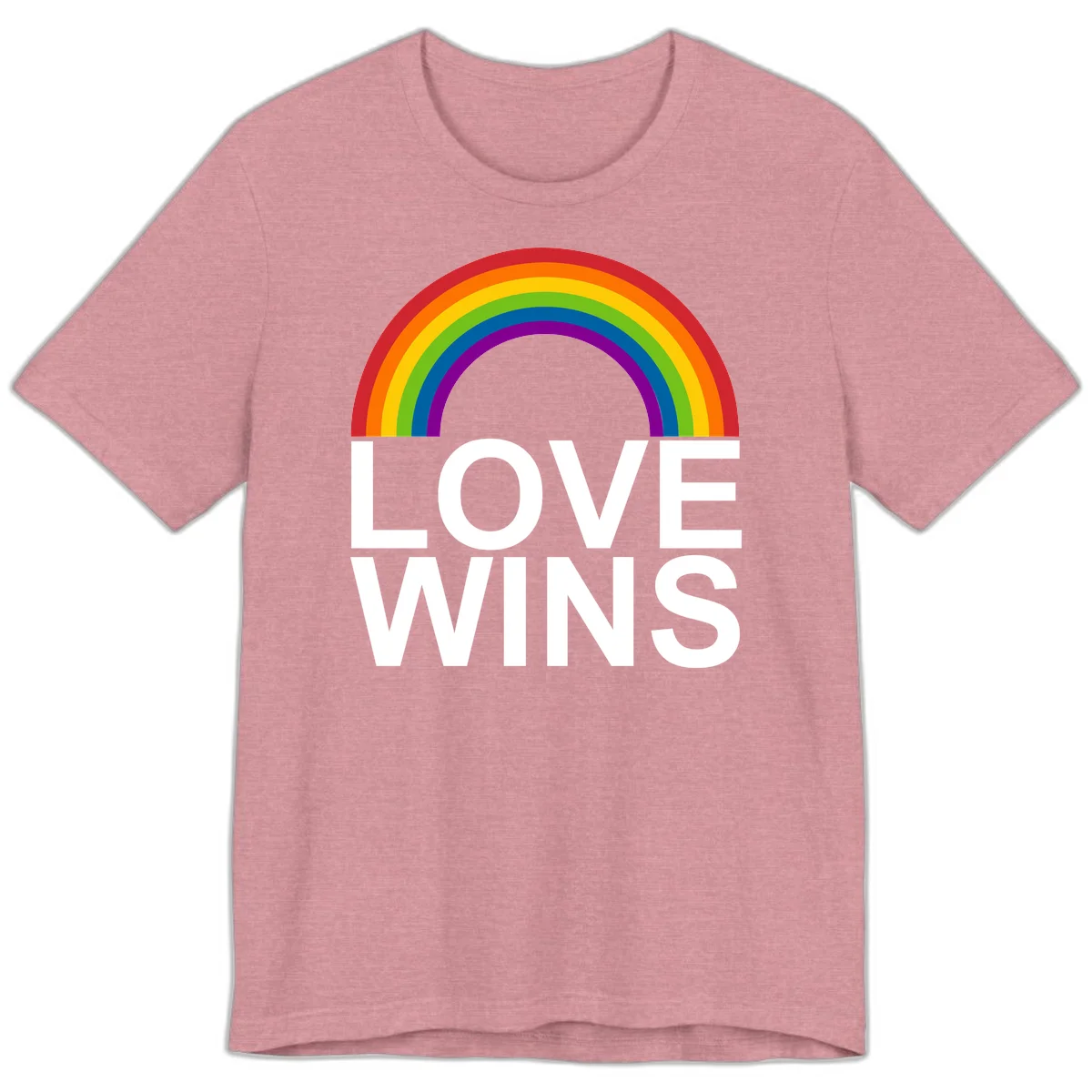 Rainbow arc above white text reading 'Love Wins' on gray background, pride equality design in Heather Orchid