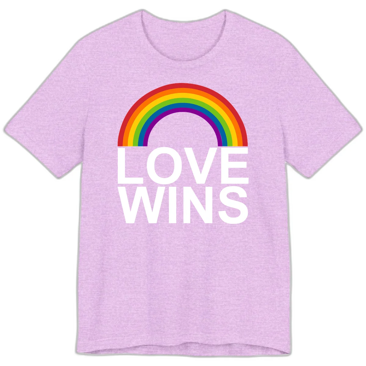 Rainbow arc above white text reading 'Love Wins' on gray background, pride equality design in Heather Prism Lilac