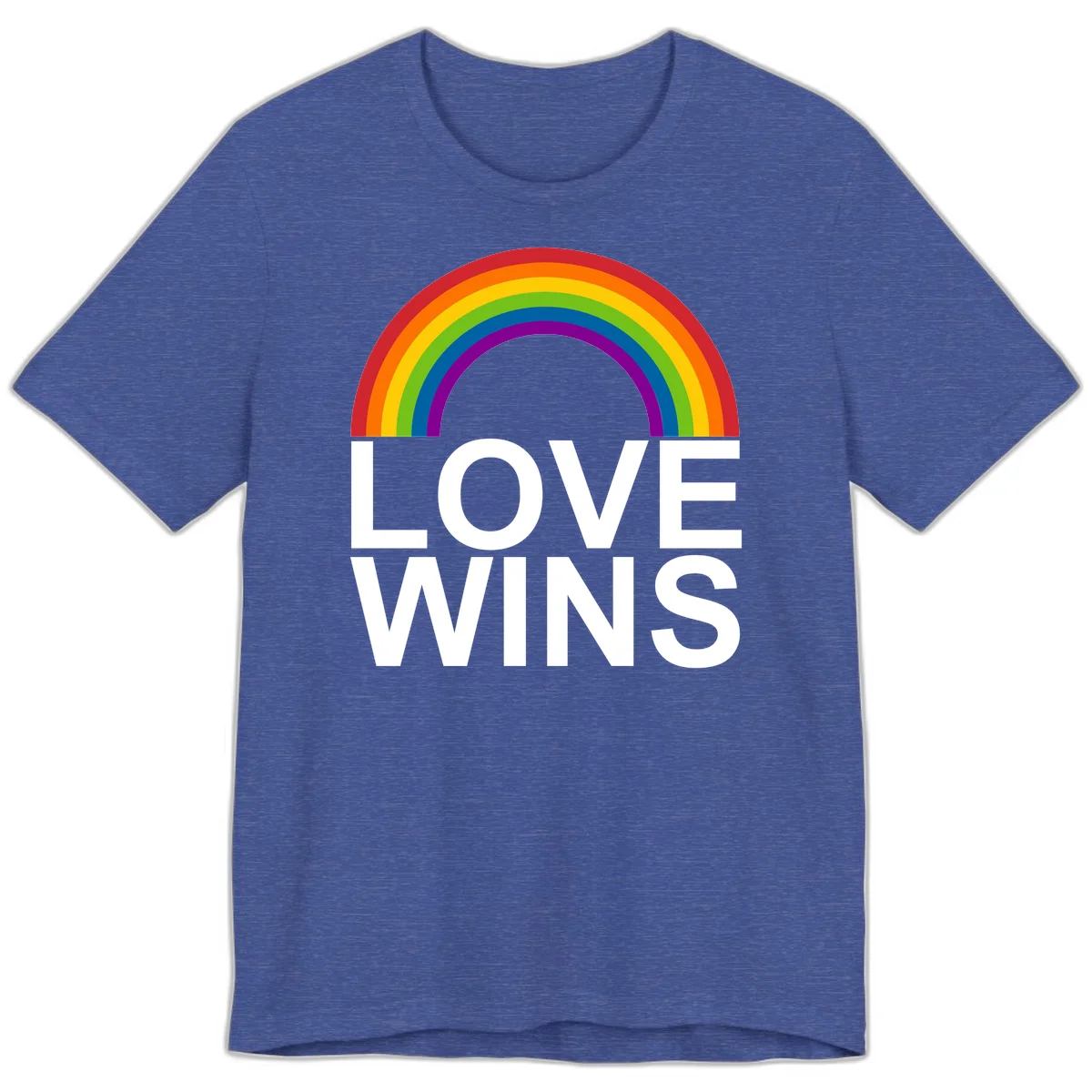 Rainbow arc above white text reading 'Love Wins' on gray background, pride equality design in Heather True Royal