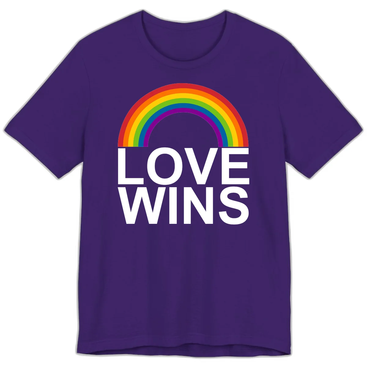 Rainbow arc above white text reading 'Love Wins' on gray background, pride equality design in Team Purple