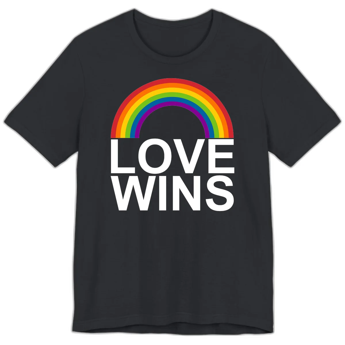 Rainbow arc above white text reading 'Love Wins' on gray background, pride equality design in Vintage Black