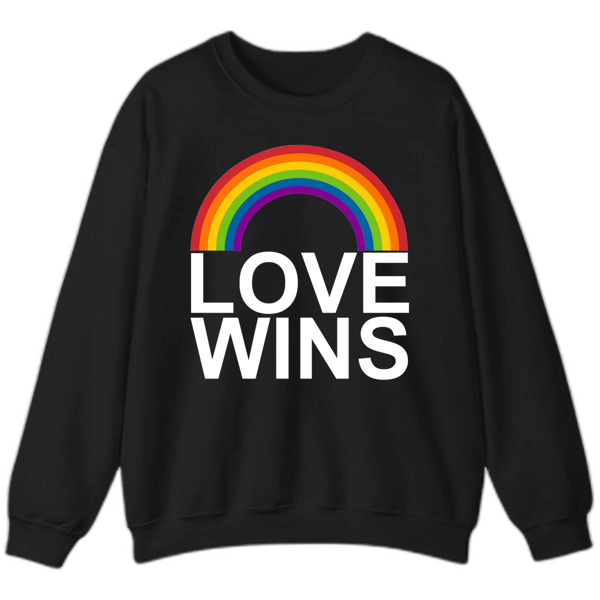 Rainbow arc above white text reading 'Love Wins' on gray background, pride equality design in Black