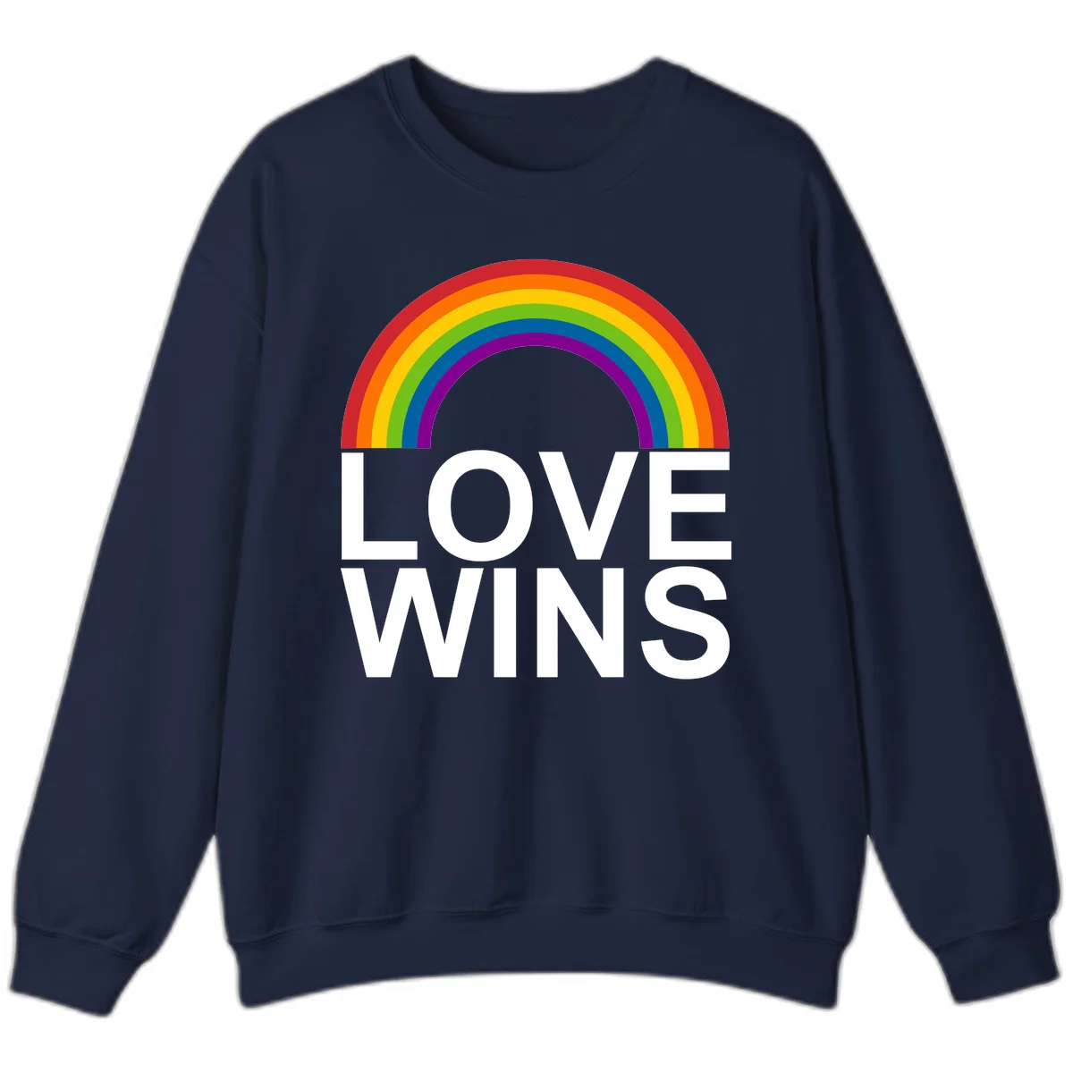 Rainbow arc above white text reading 'Love Wins' on gray background, pride equality design in Navy