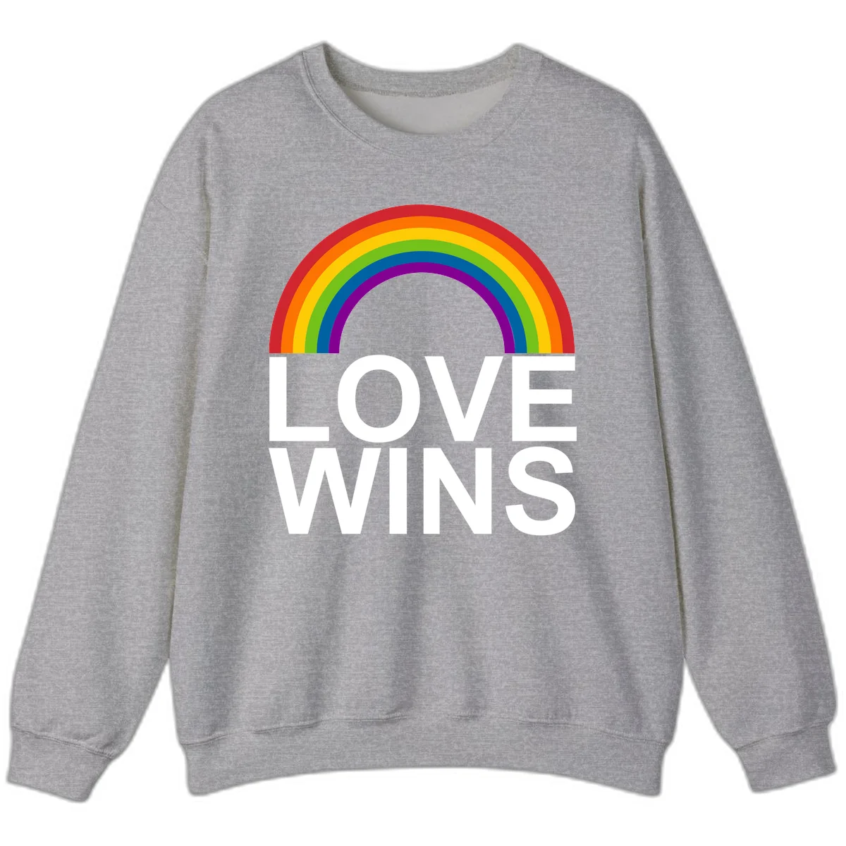 Rainbow arc above white text reading 'Love Wins' on gray background, pride equality design in Sport Grey
