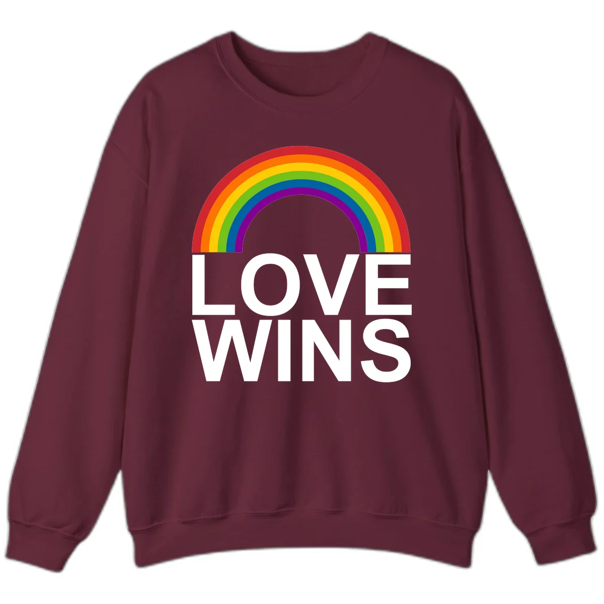 Rainbow arc above white text reading 'Love Wins' on gray background, pride equality design in Maroon