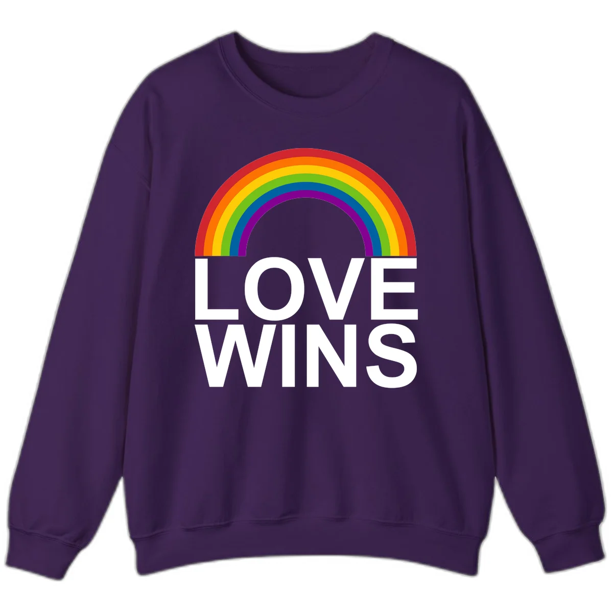 Rainbow arc above white text reading 'Love Wins' on gray background, pride equality design in Purple