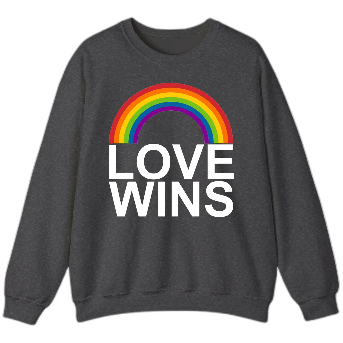 Rainbow arc above white text reading 'Love Wins' on gray background, pride equality design in Dark Heather