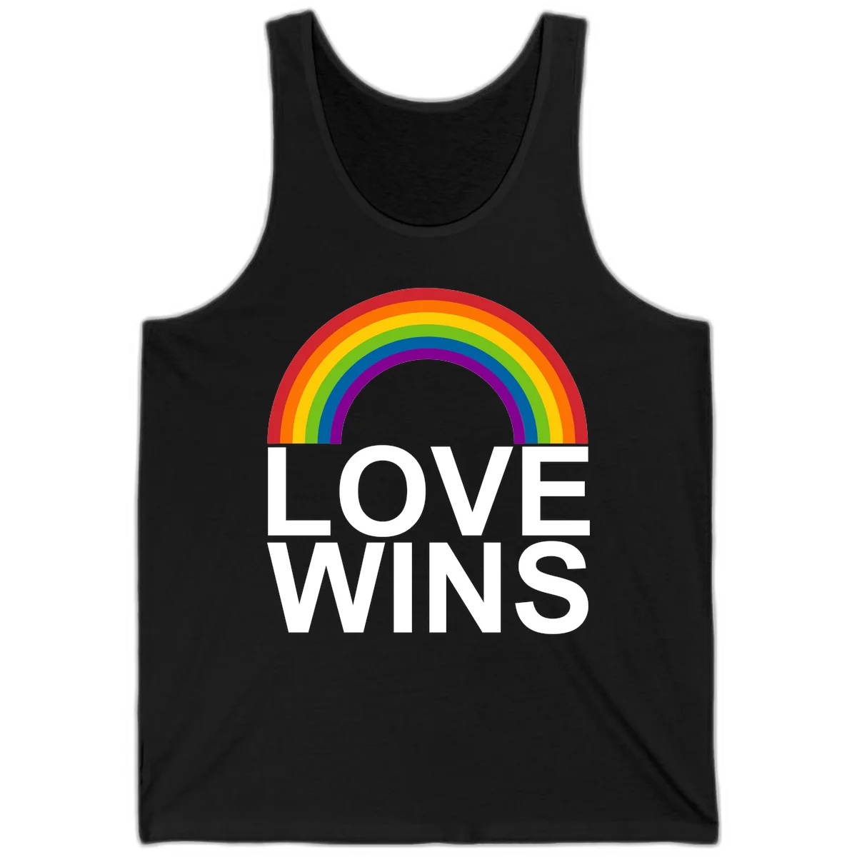 Rainbow arc above white text reading 'Love Wins' on gray background, pride equality design in Black