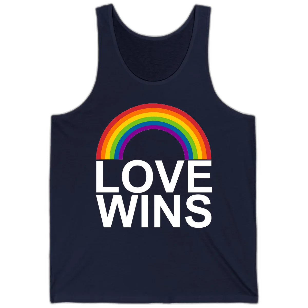 Rainbow arc above white text reading 'Love Wins' on gray background, pride equality design in Navy