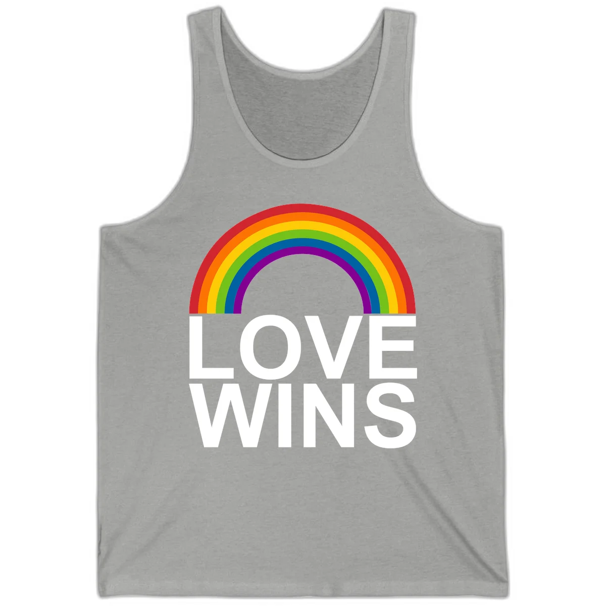 Rainbow arc above white text reading 'Love Wins' on gray background, pride equality design in Athletic Heather
