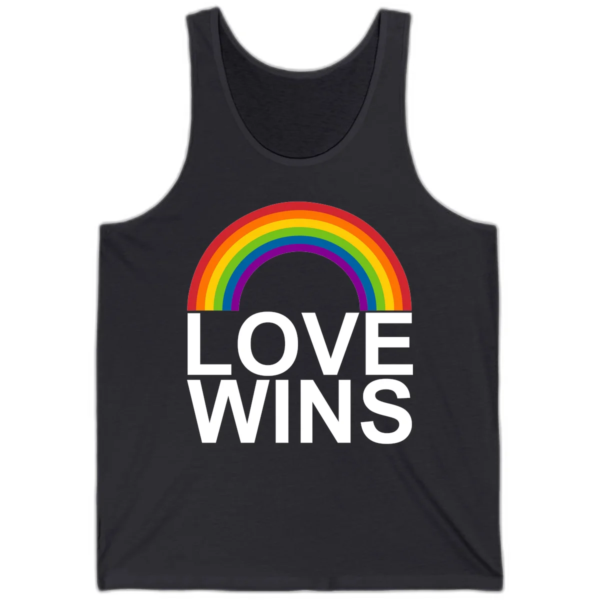 Rainbow arc above white text reading 'Love Wins' on gray background, pride equality design in Dark Grey