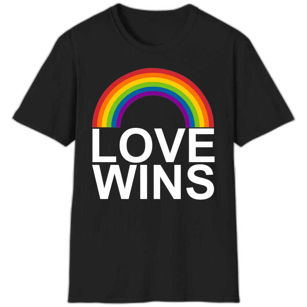 Rainbow arc above white text reading 'Love Wins' on gray background, pride equality design in Black