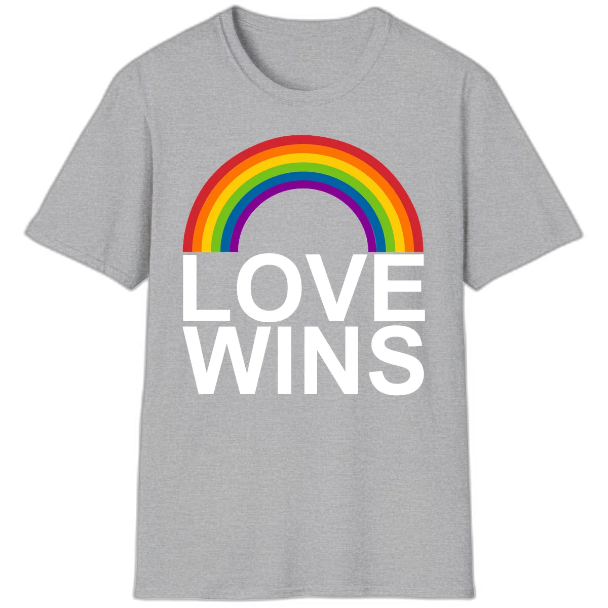 Rainbow arc above white text reading 'Love Wins' on gray background, pride equality design in Sport Grey