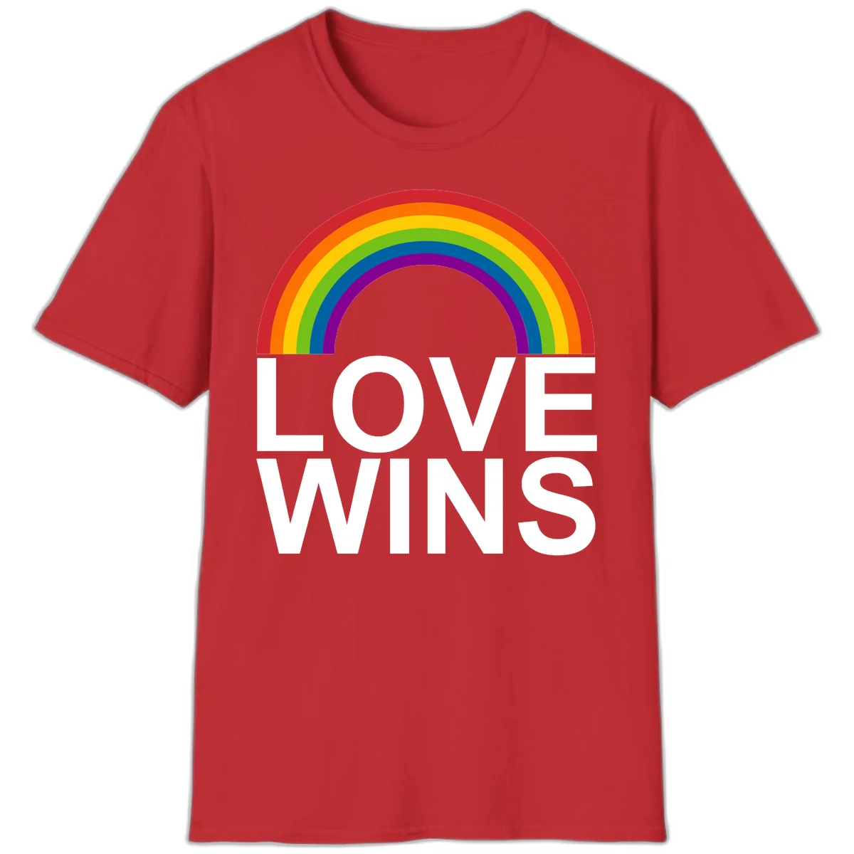 Rainbow arc above white text reading 'Love Wins' on gray background, pride equality design in Red