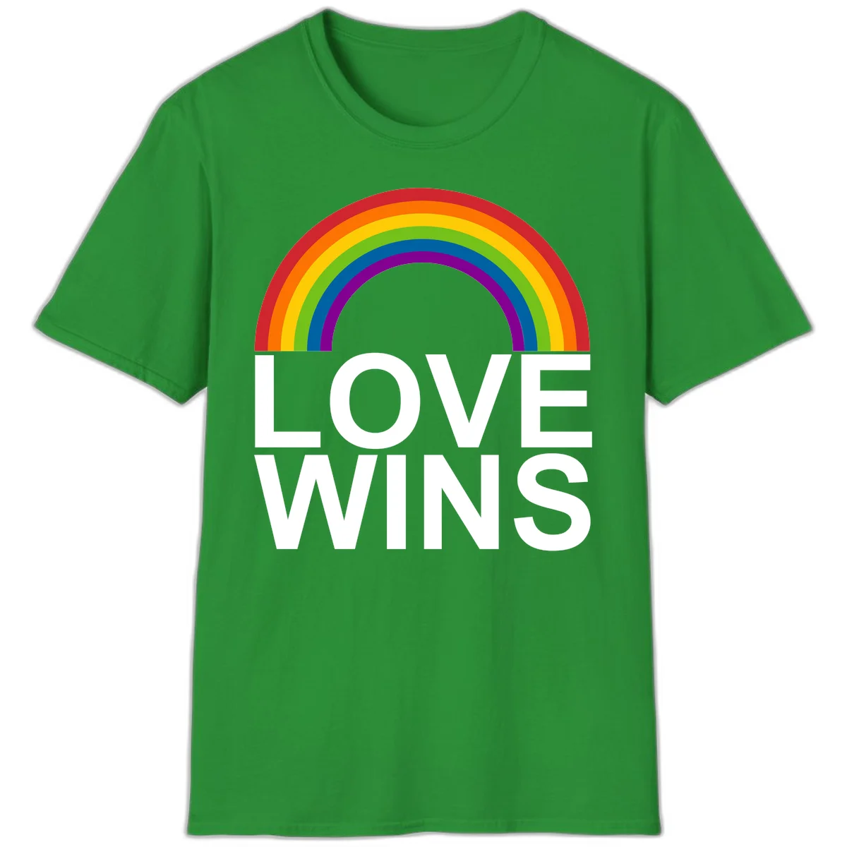 Rainbow arc above white text reading 'Love Wins' on gray background, pride equality design in Irish Green