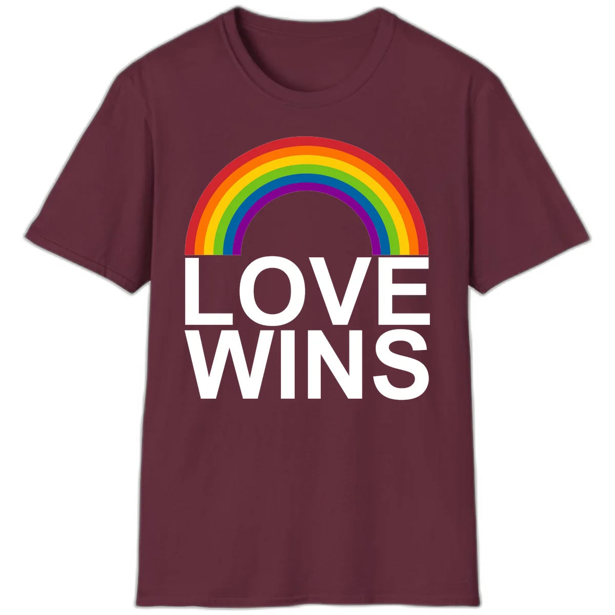 Rainbow arc above white text reading 'Love Wins' on gray background, pride equality design in Maroon