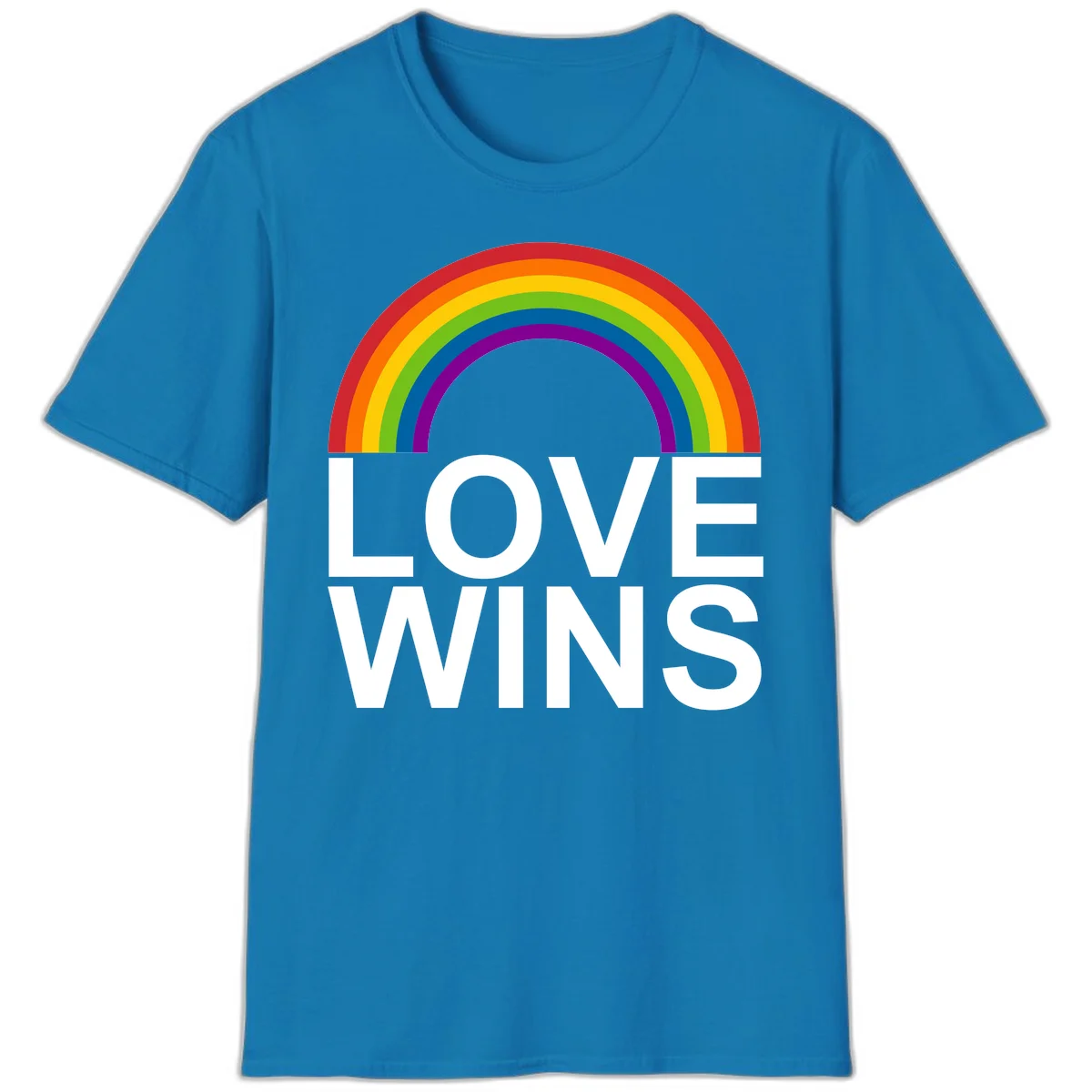 Rainbow arc above white text reading 'Love Wins' on gray background, pride equality design in Sapphire