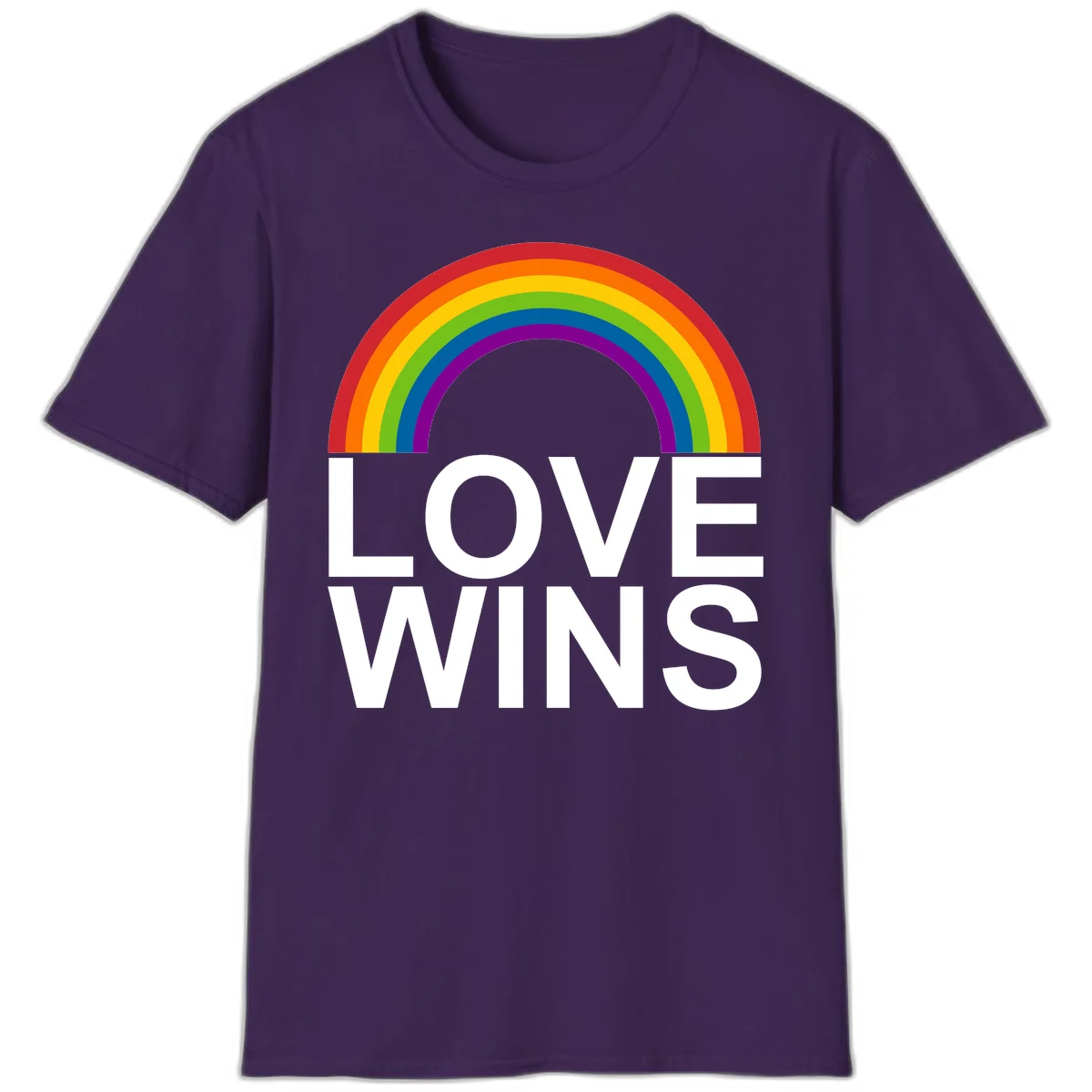 Rainbow arc above white text reading 'Love Wins' on gray background, pride equality design in Purple