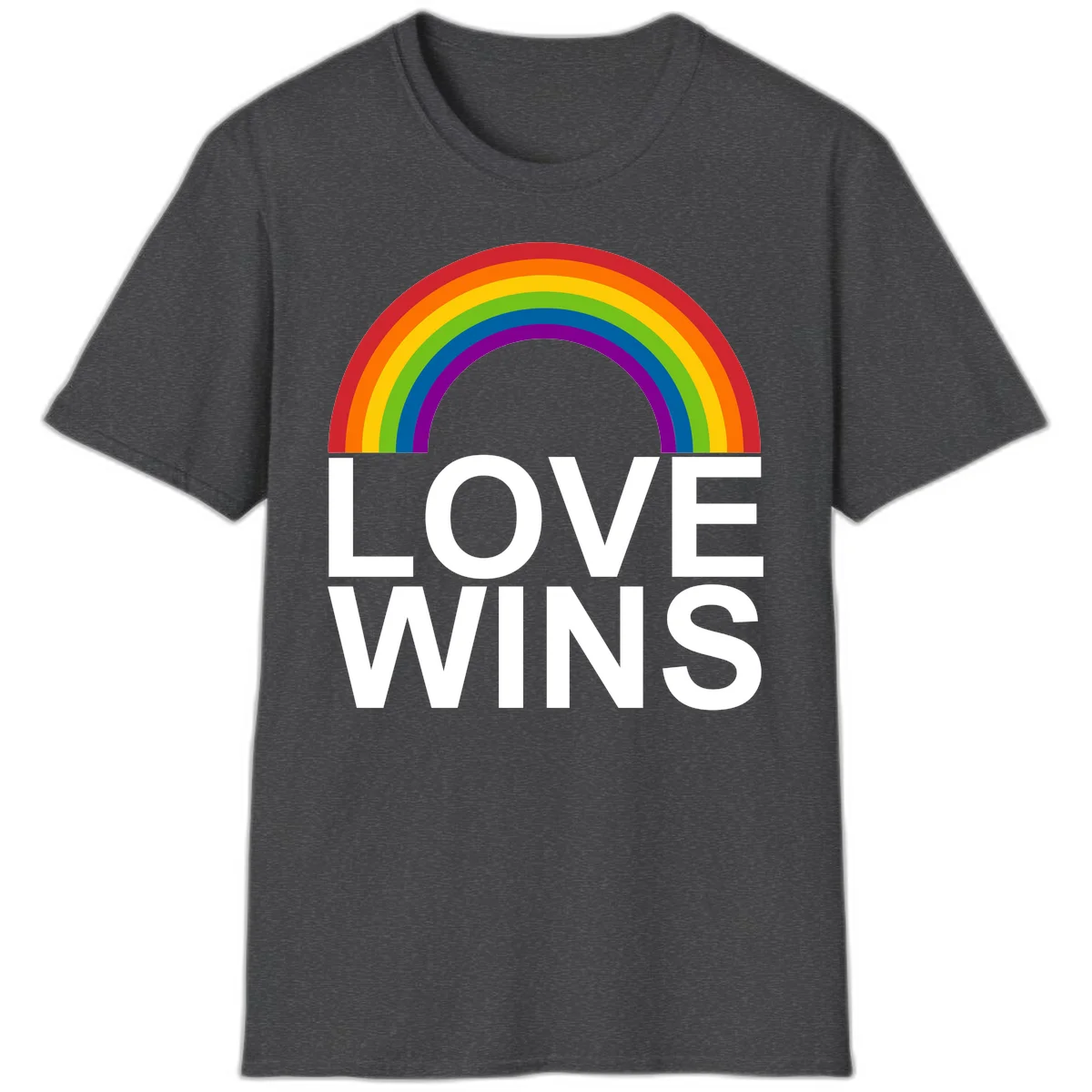 Rainbow arc above white text reading 'Love Wins' on gray background, pride equality design in Dark Heather