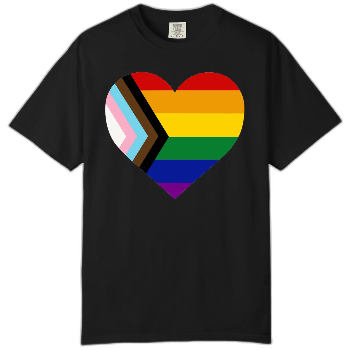 Heart-shaped design combining progress pride flag chevron on left with rainbow pride flag stripes on right side in Black